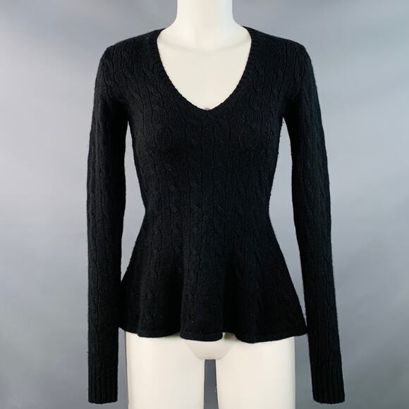 RALPH LAUREN Size S Black Cashmere Cable Knit Flared Hem V-Neck Sweater - Picture 1 of 8